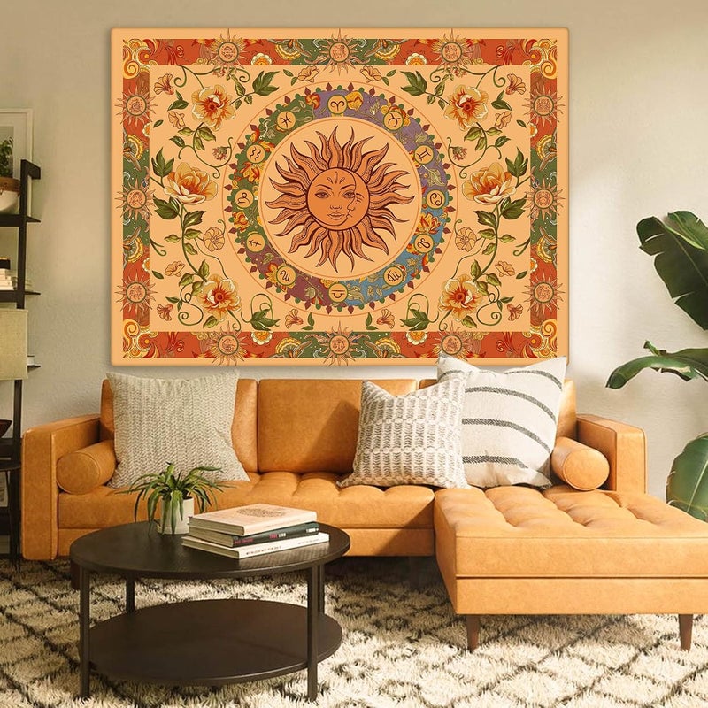 Aipon Yellow Sun and Moon Tapestry Indie Tapestries Boho Orange Flower Floral Tapestry Wall Hanging Cool Vintage Aesthetic Wall Tapestry for Bedroom Living Room Dorm (90.6'' × 70.8'', Orange) - Image 5